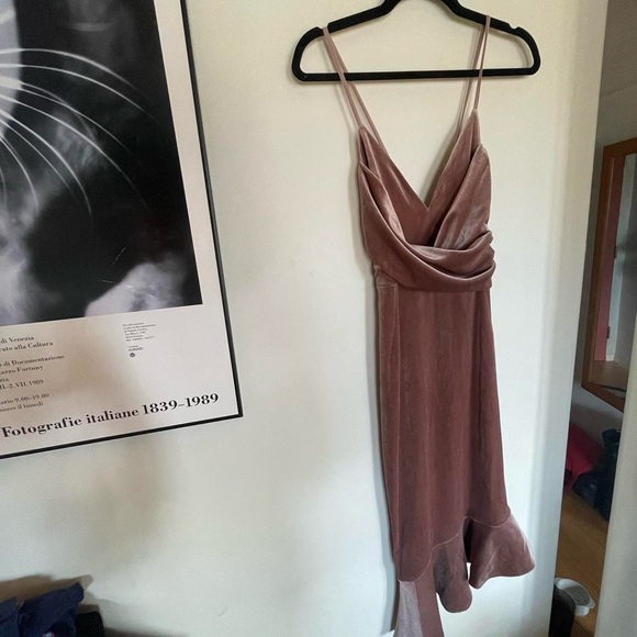 ASOS dusty rose gold velvet slip dress with draped bodice and ruffle on bottom - Picture 1 of 5
